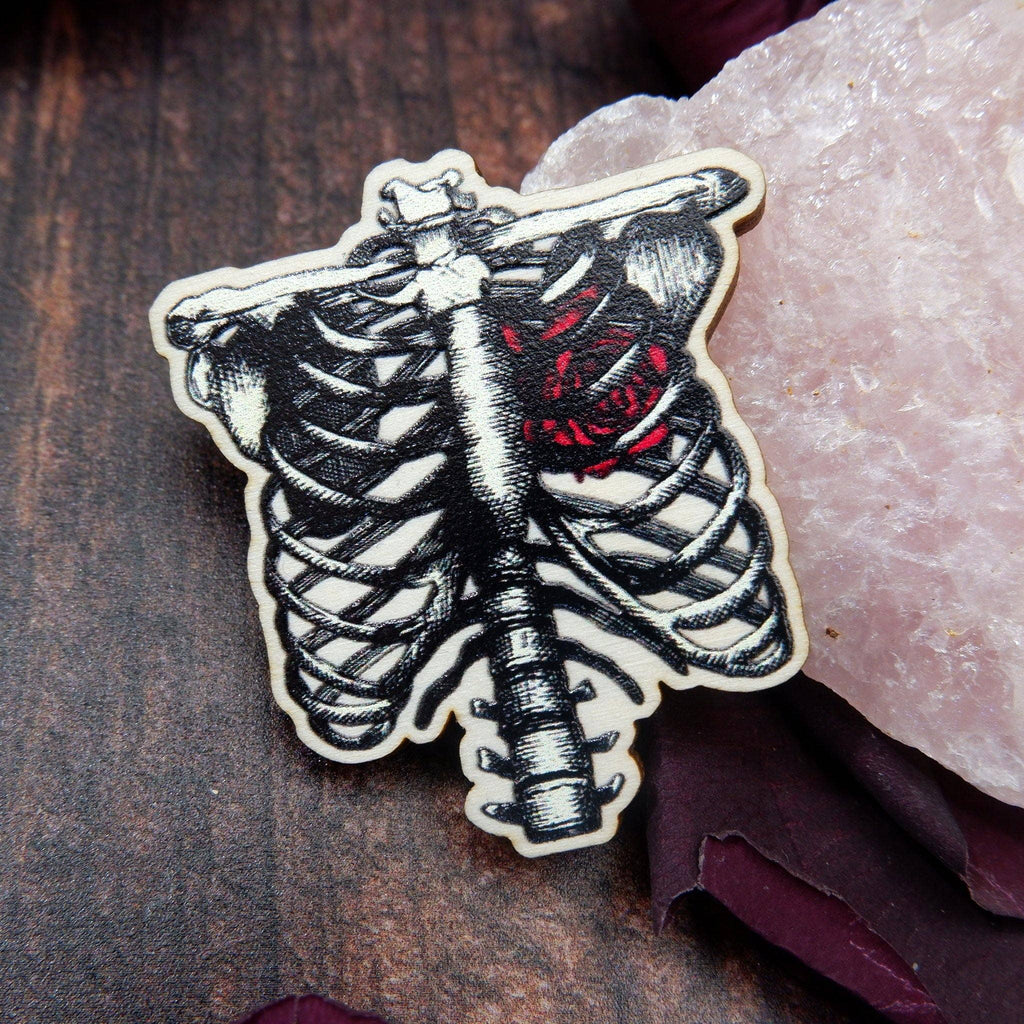 Ribcage and Rose - Wooden Pin Badge Bric-A-Brac Print is Dead   